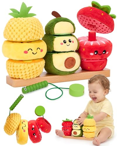 hahaland Gioco Montessori in Peluche Bambini 1 Anno, Giocattolo da Impilare e Infilare con Base in Legno, Giochi Peluche Frutta Sensoriali per Neonati, Giochi Educativi Regalo Bimbo 12 Mesi