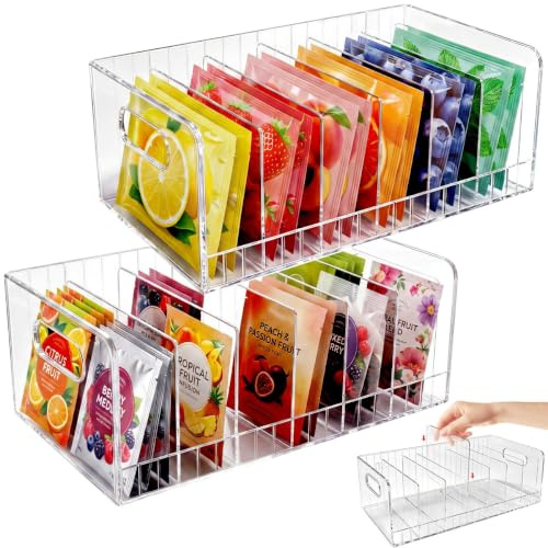 2 Pcs Organizador de Té Acrílico Transparente Caja Infusiones Plástico Apilable 2 Niveles Soporte Sobres Té Café y Especias Cocina Encimera Armarios Almacenaje Despensa, 12 Compartimentos Ajustables | Caja transparente con 12 separadores ajustables, soporte para bolsas de té