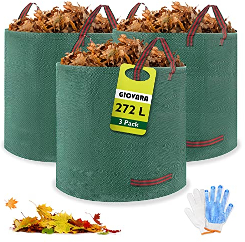 GIOVARA Heavy Duty Garden Waste Bags 272L x 3 Reinforced Reusable Sacks with Handles, Tear-Resistant Garden Storage Bags for Grass Clippings, Leaves, Green Waste