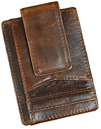 Le’aokuu Herren Echtes Leder Geldbörse Brieftasche mit Dollar Clip Geldklammer RFID Schutz Schlank Portemonnaie 1092