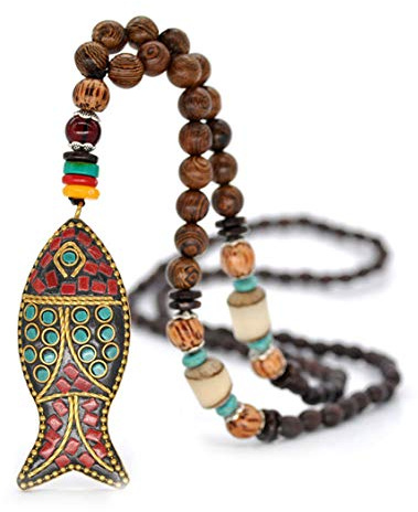 Tanyoyo Fish Long Necklace Handmade Turquoise Wood Beads Necklace for Women Fashion Jewelry (Fish pendant)