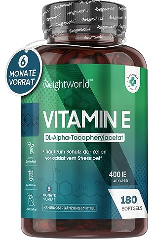 Vitamina E 400UI, 180 Cápsulas Veganas para 6 Meses - Acetato de DL-α-Tocoferol, La Vitamina E Contribuye a Proteger las Células del Estrés Oxidativo, Sin OGM