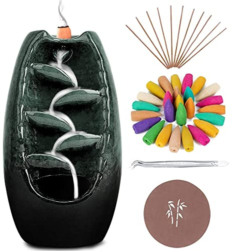 Anbar Backflow Incense Burner with 120 Cones, 30 Sticks, Tongs, and Table Mat, Natural Aromatherapy with Ceramic Smoke Waterfall, Supports Meditation and Relaxation, Home Decor (Green)