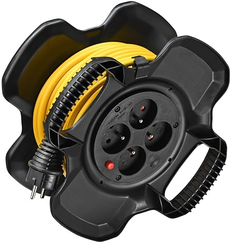 Brennenstuhl - Avvolgicavo elettrico compatto X-Gum 4 prese (20 m, per uso interno, prodotto in Francia), colore: Nero/Giallo