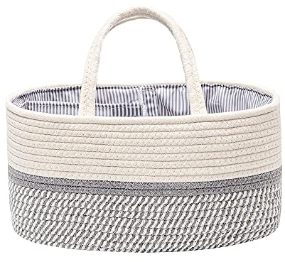 Organizador de carrito de pañales para bebés, canasta de almacenamiento portátil de pañales tejidos con cuerda de algodón con compartimentos intercambiables, regalo para recién nacidos (8 gu-gris)