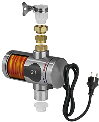 Hoberg Edelstahl Elektrischer Durchlauferhitzer | Leistungsstarke Heizspirale | LED-Temperaturanzeige | Flexibel einsetzbar im Garten, Werkstatt, Terrasse, Wohnwagen | Rostfrei & Robust