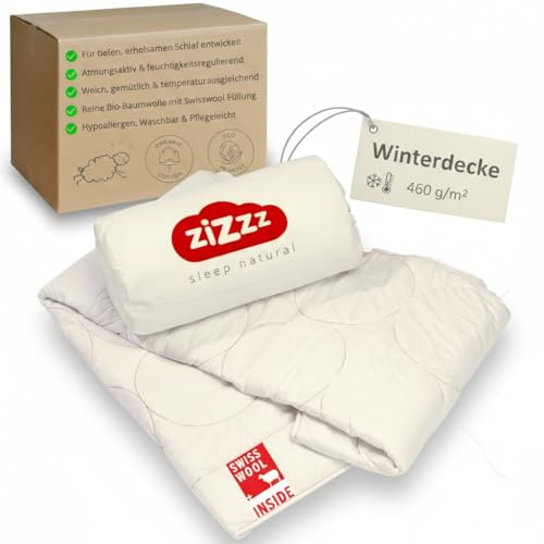 Winter Bettdecke extra warm Bio Baumwolle in Premium Qualität - 460g/m2 Swisswool Füllung (135x200 cm)