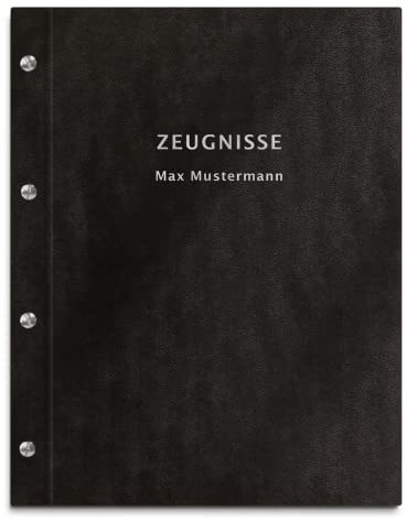 Personalisierte Zeugnismappe in schwarzer Lederoptik – 2-zeiliger Wunschtext als Prägung – 12 Hüllen für DIN-A4 Dokumente