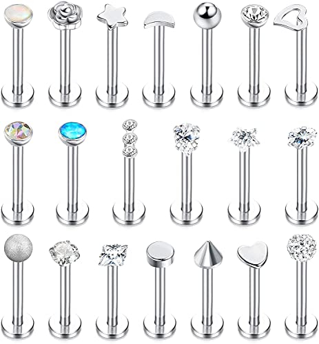 LOLIAS 20 Stück Tragus Knorpel Forward Helix Ohrstecker für Damen Herren Monroe Labret Piercing Ohr Lippen Nasen Edelstahl CZ Kugeln Herz Blume Medusa Flatback Piercings Ohrringe 16G
