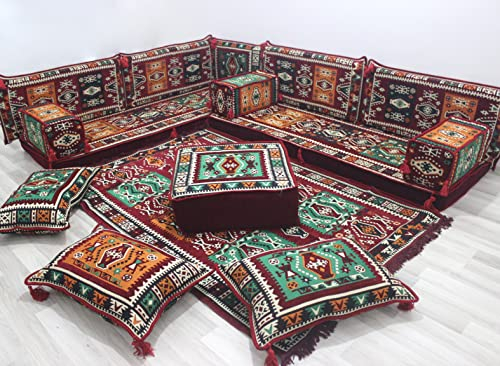 Hochwertige traditionelle handgefertigte Sofagarnitur, Bodenkissen, Rückenkissen, arabischer Diwan, Wohnzimmermöbel, Schlafsofa, Sessel (L Sofa + Teppich)