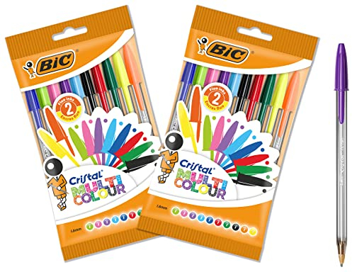 BIC Cristal Multicolour, Penne Colorate a Sfera, Punta Larga 1.6mm, 2 Confezioni x 10 Unità, Cancelleria Scuola, Casa e Ufficio
