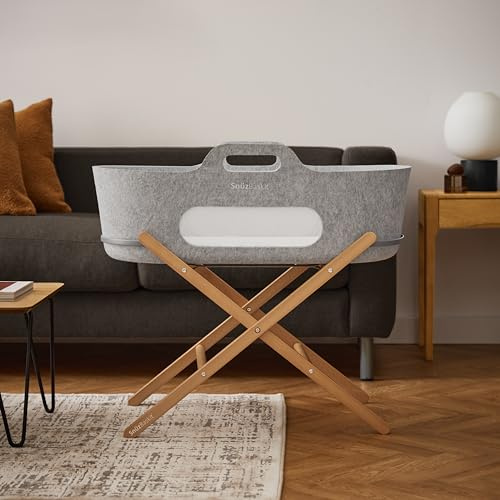 Snuz SnuzBaskit Moses Basket with Mattress & Folding Stand Bundle, Breathable Mesh Windows, Travel Crib, Suitable for Newborn to 6 Months, Stylish & Versatile for Home or Travel, Light Grey & Natural