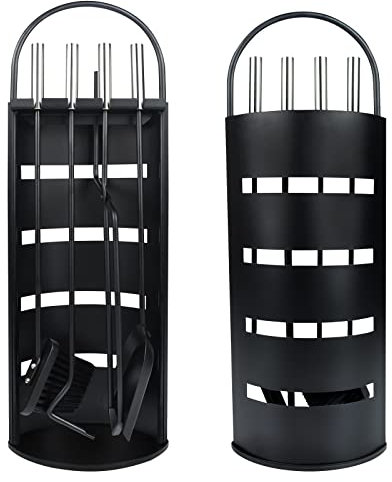 YRHome Set di 5 posate per camino, in acciaio inox, accessori per camino, posate con protezione per la privacy, scopa, pinza, gancio, pala per cenere, argento classico, nero