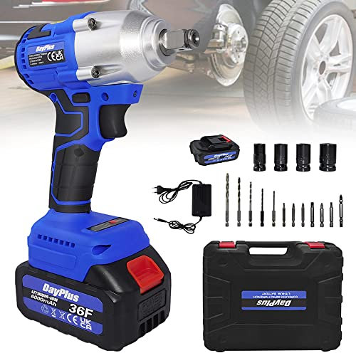 AUTOFU Cordless Impact Wrench, Brushless Electric Wrench 1/2 inch Max Torque 420Nm, 3200RPM w/ 2X 6.0 Battery, 4 Sockets, 12 Drill Bits, High Torque Power Impact Wrench for Car Home
