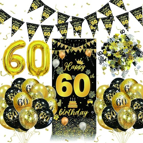 60 Geburtstag Deko Schwarz Gold, Luftballons 60 Geburtstag für Männer Frauen