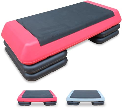 Aerobic-Stufen-Plattform, höhenverstellbar, Workout-Steg 10,2 cm – 15,2 cm – 20,3 cm, für Fitness, Krafttraining, mit 4 Erhöhungen, Rot