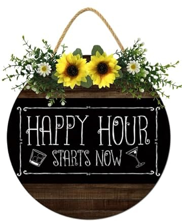 Geroclonup Happy Hour Haustürschild, lustige Kränze, hängende Holzschild, Dekoration, rund, rustikales Holz, Bauernhaus-Veranda-Dekoration für Zuhause, Haustür-Dekoration, 30,5 x 30,5 cm