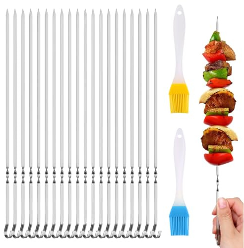 Grillspieße Edelstahl, 24 Stück Schaschlikspieße Grill Kabob Spieße Wiederverwendbare Kebab Spieße, 2 Silikonölbürste Mitgeliefert für Fleisch & Gemüse (30 CM)