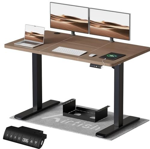 Airfish Höhenverstellbarer Schreibtisch 140x70 cm, Elektrisch Schreibtisch mit Kabelwanne, Computertisch mit USB-Buchse, Bürotisch, Stehpult mit Erinnerung an sitzende Tätigkeiten, Nussbaum | USB-A-Anschluss, Kollisionsschutz, Sitzerinnerung, Belastung 70 kg, Höhe 72-116 cm, integriertes Kabelmanagement