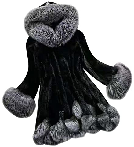Vinterjacka dam lång med pälshuva | fuskpäls jacka elegant med huva | pälsjacka enfärgad vinterrock fodrad plysch med päls vintage jacka långärmad damkappa oversize fuskpäls kappa, svart, 5XL