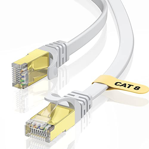 VOIETOLT Cat8 Ethernet Cable 0.5Meter, 40Gbps/2000Mhz Flat High Speed Network Cable, STP RJ45 Gigabit Cat-8 Lan Internet Cable for PS4/5, for Modem - White