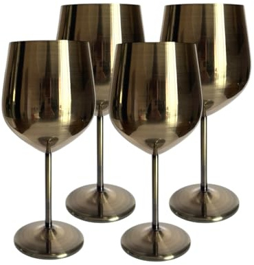 Laurie's Pub and Bar Accessories Set of 4 Stainless Steel Wine Glasses | 500ml | Unbreakable Goblet Glass (Gold Brushed)