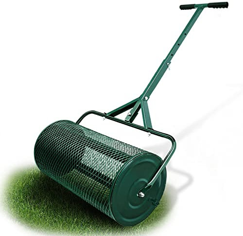 Rodillo de césped de 27.5 pulgadas para esparcir estiércol eficiente, diseño ligero con mango en forma de T mejorado, ideal para el cuidado del césped y el jardín, esparcidor de tierra superior para