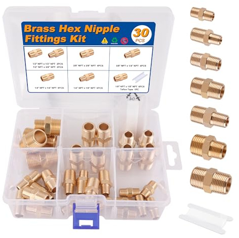 KOOTANS 30PCS Brass Pipe Fittings Hex Nipple Kit 1/8 to 1/8, 1/4 to 1/8, 1/4 to 1/4, 3/8 to 1/4, 3/8 to 3/8, 1/2 to 3/8, 1/2 to 1/2 NPT Male Adapter Pipe Fitting Brass Nipple Connector