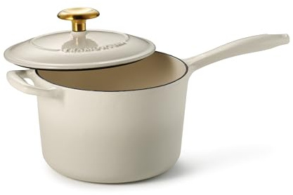Tramontina Sartén de hierro fundido esmaltado con tapa, 2.5 cuartos de galón, latte con perilla dorada