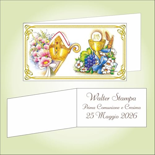 Bigliettino bomboniera bigliettini confetti per Prima Comunione e Cresima, 9 x 2,5 cm, 40 pezzi o più, personalizzabile con vostro testo, con motivi religiosi in oro a caldo