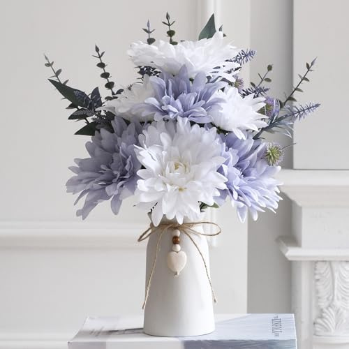 Arreglos florales artificiales de dalia en jarrón de cerámica, flores de dalia sintética de 16 pulgadas con tallos de eucalipto y hojas decorativas, jarrón con cuerda de yute y dije de corazón, centro