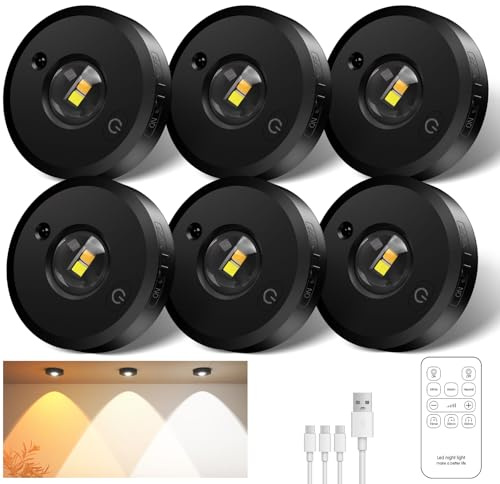 RUYI LED Spots Akku,6 Pack USB Aufladbar Dimmbar Schrankbeleuchtung Kabellos mit Fernbedienung,3000K/45000K/6000K,Rund Puck Lights für Schrank, Küchenschränke, Regale, Vitrinen