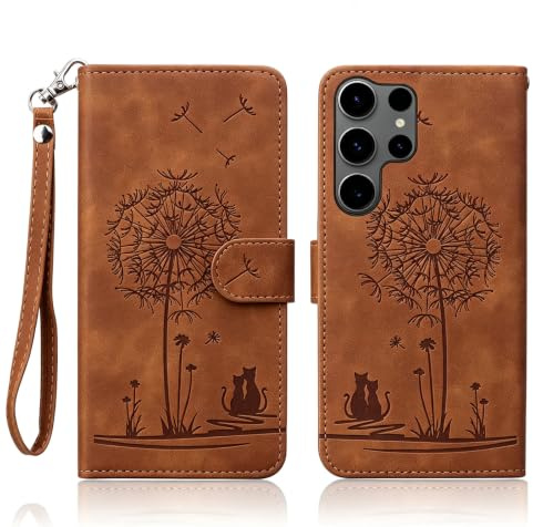 Nbziyoo Mignon Chat Coque à Rabat pour Samsung Galaxy S25 Ultra,Braun | Support,Fentes Cartes, Antichoc, Téléphone avec Fermoir Magnétique, Lanière de poignet, Résistant aux rayures, Cuir TPU