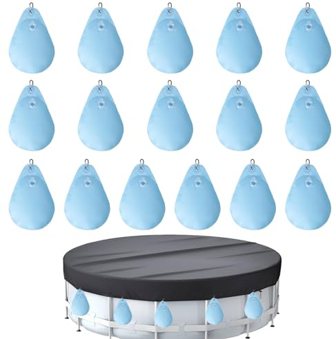 16 Stück Poolabdeckung Gewichte Wassersack mit Haken, 23×34 cm Auslaufsichere PVC Schwimmbadabdeckung Hängende Tasche zum Befüllen Winter Pool Tarp Gewichte für Poolabdeckung Winter