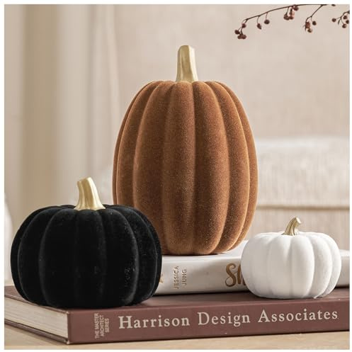DN DECONATION 3 Pcs Fall Pumpkin Decorations – Flocked White Brown Black Resin Pumpkins Figurines for Autumn Thanksgiving Halloween Decoration, Faux Artificial Pumpkin for Home Table Mantel Decorating