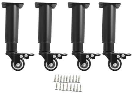 4er Set Möbelrollen, Tischbeine mit Bremse Rollen, Höhenverstellbar 18.5-26cm, Tragfähigkeit 150KG, Rollen für Möbel, Geringeres Rauschen, Lenkrollen für Schrank, Bett, Couch, Nachttisch (Schwarz)