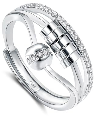 Glintara Anxiety Ring Silber 925, 925 Sterling Silber Anti Stress Ringe, Angst Ring für Anxiety Damen, Einstellbar Spinner Fidget Ringe, Stressring mit Zirkon Perlen, Stimmungsring gegen Stress Unisex