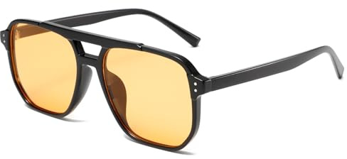 Long Keeper Square Pilot Sunglasses for Women Men Retro Double Bridge Aviation Square Sunglasses Classic Tinted Sun Glasses Anti UV400 Vintage Shades (Black Frame - Light Orange Lens)
