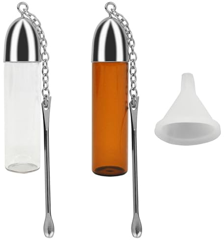 XoeLLe 2 Piezas Botella para Especias en Polvo, Pequeña Botella de Vidrio, Almacenamiento Pequeña, con Cuchara Mini y Mini Embudo, para Acampar Viajar Barbacoa (72mm)