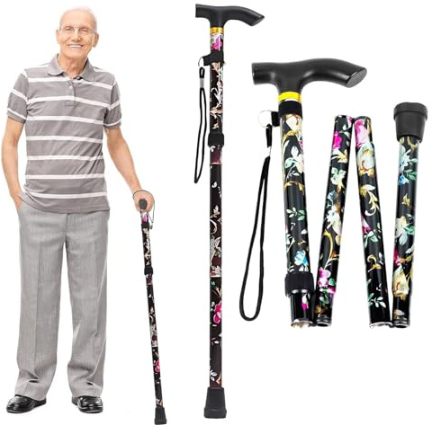 Bastone da Passeggio Pieghevole,Bastone da Passeggio,Bastone da Viaggio Portatile,Bastoni da Trekking,per Anziani Pieghevole,per Anziani Disabili Uomini Donne (Fiori neri)