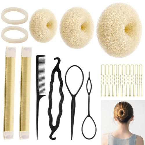 21Pcs Blond Duttkissen Maker Set – Dutt Maker für Damen&Ballett Dut Kinder,Styling-Werkzeug DIY Duttkissen Klein Set für Ballett Haarstyling Set, Haarschmuck für Mädchen und Frauen Beige