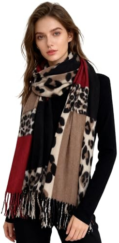 ZCJ Bufanda para Mujer - Chal, Pañuelo de Cuello, Foulard para Otoño e Invierno Cálida, Estampado de Leopardo con Flecos, Sensación de Cachemira, Premium Animal Print Scarf, Rojo