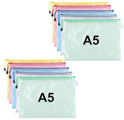 10 Stück Dokumententasche A5, Reißverschlusstasche Wasserdichte Mesh Dokumententaschen,Reißverschlussbeutel für Bürobedarf,Schulmaterial,Dokumente Case,Papier,Quittungen,Kosmetika,5 Farben
