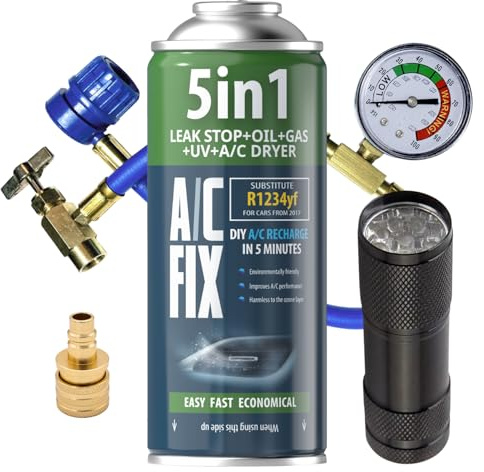 AC Fix 5-en-1 – R1234yf + Tuyau + Lampe Torche + Adaptateur Réfrigérant pour climatisation Automobile avec Huile, Produit d'étanchéité, Colorant UV, dessiccant – Protège Le compresseur
