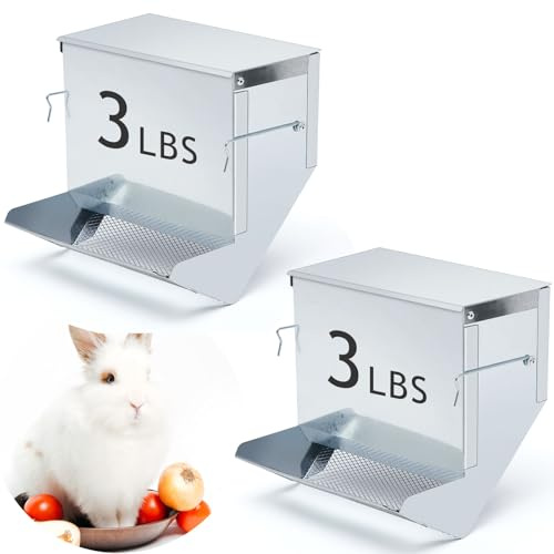 Maxcheck 2 Pcs Rabbit Feeder for Cages Small Animal Food Pellet Dispenser with Lid Metal Chicken Grit Oyster Shell Squirrel Feeders Outside(7.7 Inches,Mesh Bottom,Silver)
