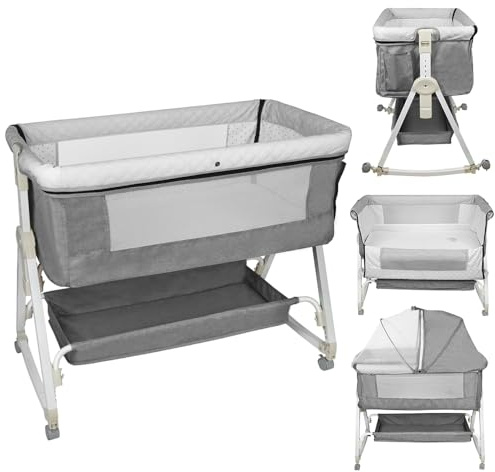 Belfoyer Cuna Colecho Bebé con Colchón y Mosquitera, Altura Ajustable, Cuna Plegable con Ruedas y Función Mecedora, de 0 a 36 Meses（95 * 50 * 98-110cm,Gris）
