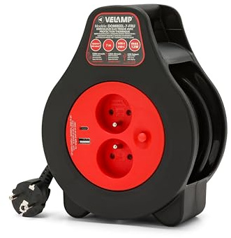 Velamp avvolgicavo elettrico 7 metri – 2 prese French type 2P+T + porta USB – cavo 1,0 mm², protezione termica, corpo compatto da interno
