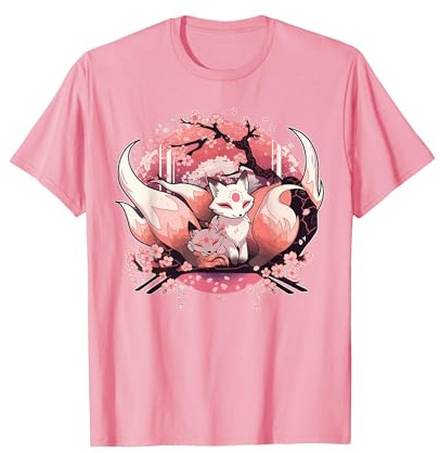 Kitsune Fox Renard Japonais à Neuf queues Fleurs de Cerisier T-Shirt, Homme, Rose, L