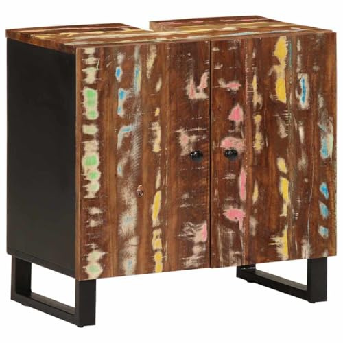 HFXHIJXQ Mobile sottolavabo in legno antico massiccio, 62 x 33 x 58 cm, in legno riciclato, 2 scomparti, gambe in ferro, design moderno, vintage, per piccoli bagni o ospiti