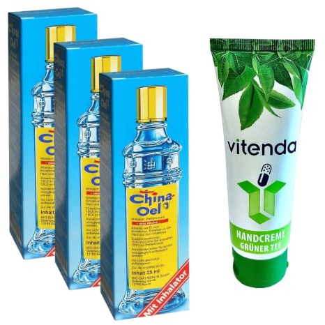 vitenda Set: Pfefferminzöl Ätherisches Öl mit Inhalator mit China-Öl bei Erkältung & Magen-Darm, 3x25ml – inkl. vitenda Handcreme